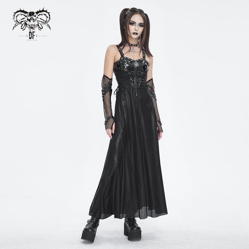 DEVIL FASHION Women's Gothic Buckle Strap Eyelets Maxi Dress