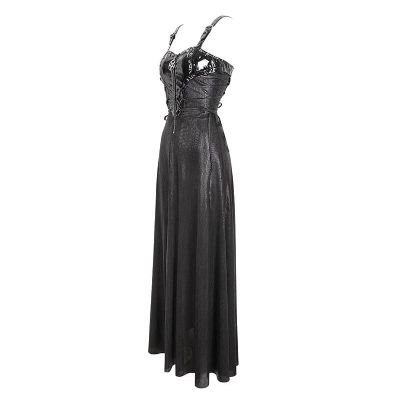 DEVIL FASHION Women's Gothic Buckle Strap Eyelets Maxi Dress