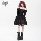 DEVIL FASHION Women's Gothic Buckle Strap Multilayer Hem Skirt Red