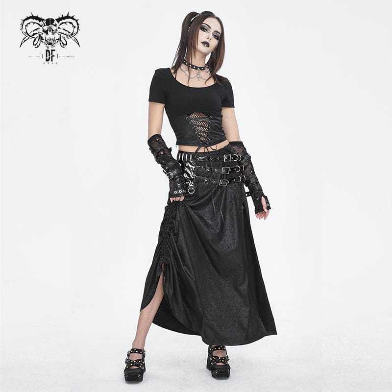 DEVIL FASHION Women's Gothic Buckle Stud Side Slit Long Skirt