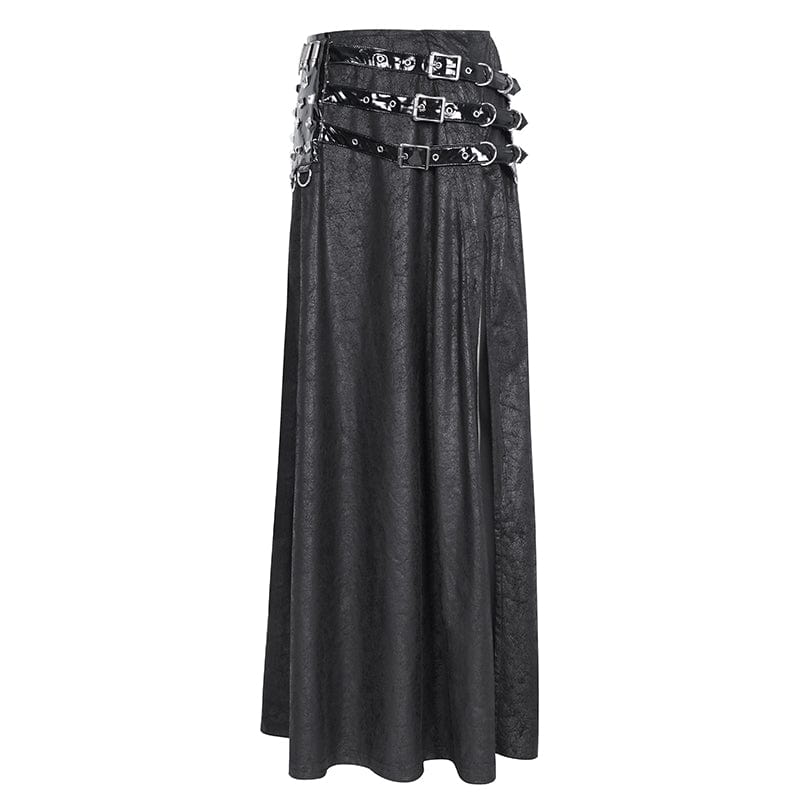 DEVIL FASHION Women's Gothic Buckle Stud Side Slit Long Skirt