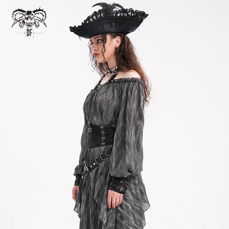 DEVIL FASHION Women's Gothic Buckle-up Halter Long Sleeve Blouses