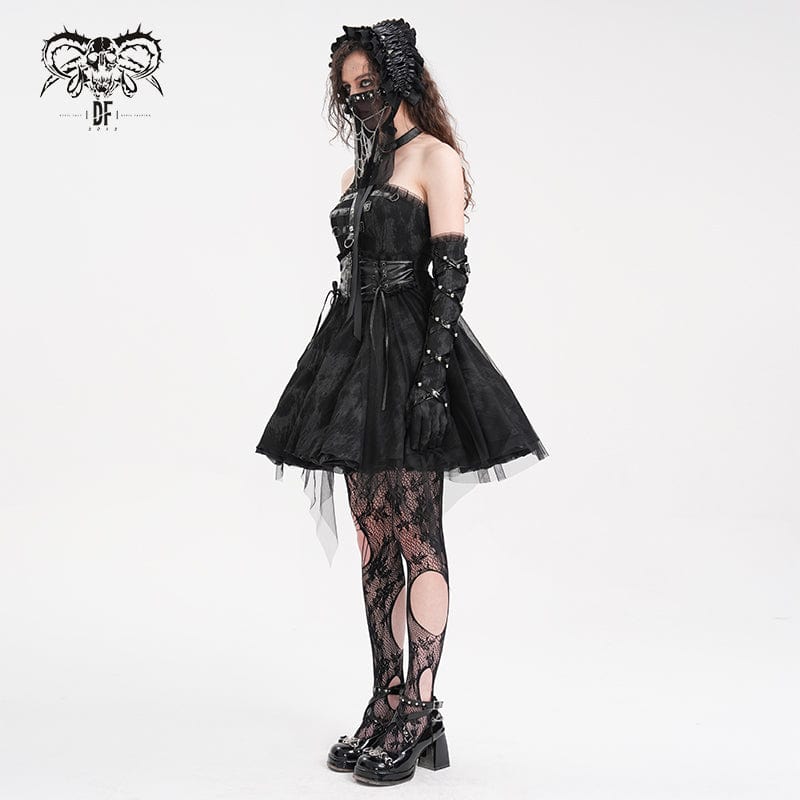 DEVIL FASHION Women's Gothic Buckle-up Halter Mesh Short Dress