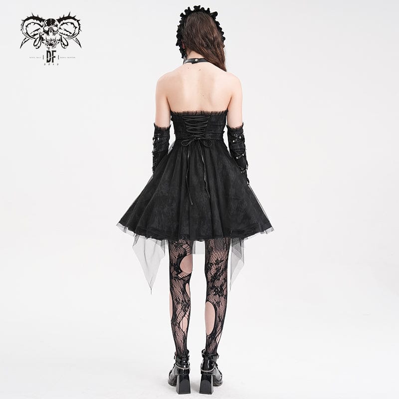 DEVIL FASHION Women's Gothic Buckle-up Halter Mesh Short Dress