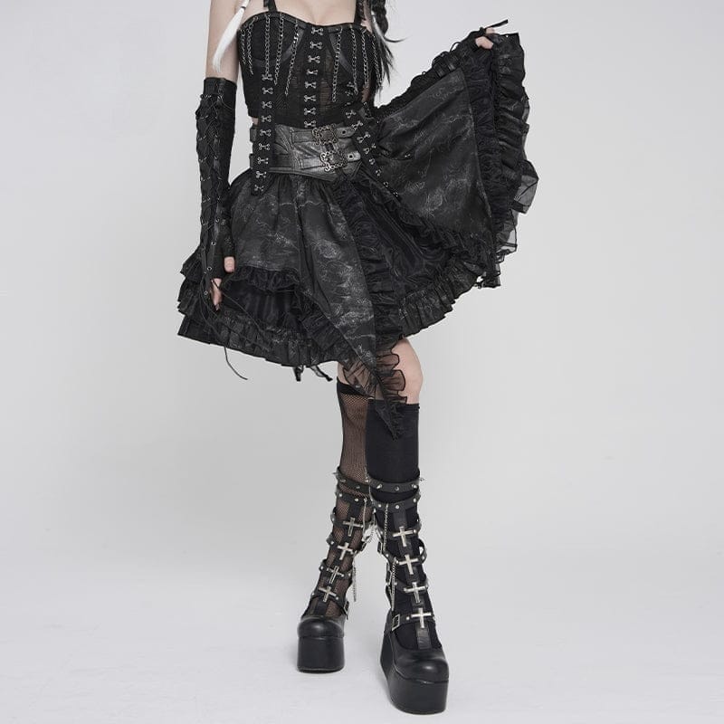 DEVIL FASHION Women's Gothic Buckle-up Printed Ruffled Short Skirt