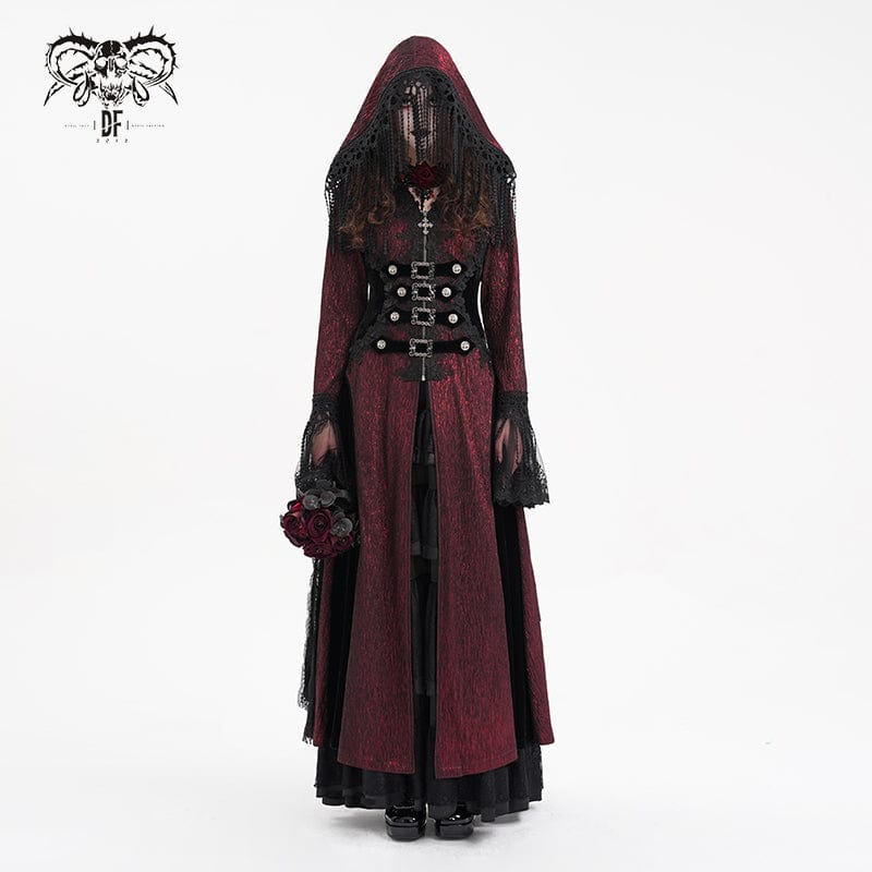 DEVIL FASHION Women's Gothic Buckle-up Tassels Jacket with Hood Red