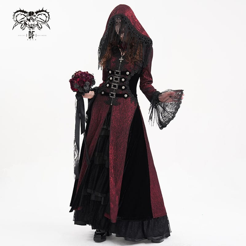 DEVIL FASHION Women's Gothic Buckle-up Tassels Jacket with Hood Red