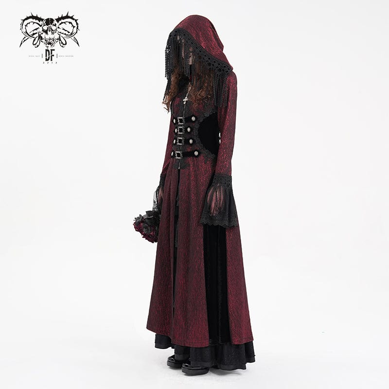 DEVIL FASHION Women's Gothic Buckle-up Tassels Jacket with Hood Red