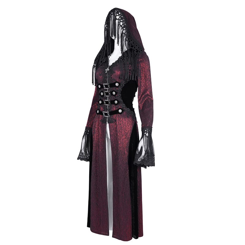 DEVIL FASHION Women's Gothic Buckle-up Tassels Jacket with Hood Red