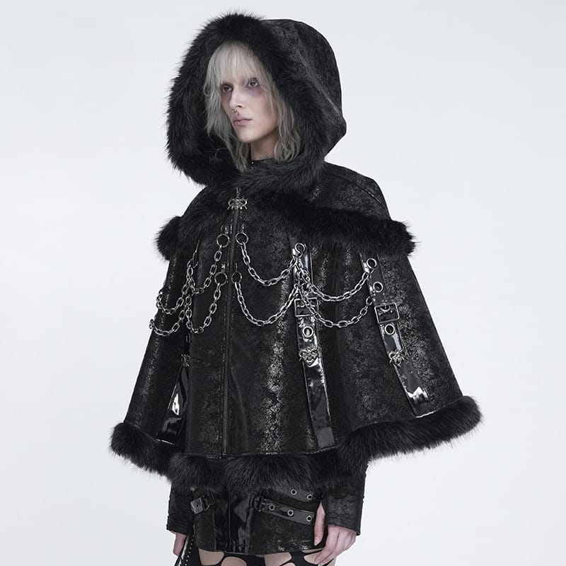 DEVIL FASHION Women's Gothic Chain-Detailed Textured Hooded Cloak
