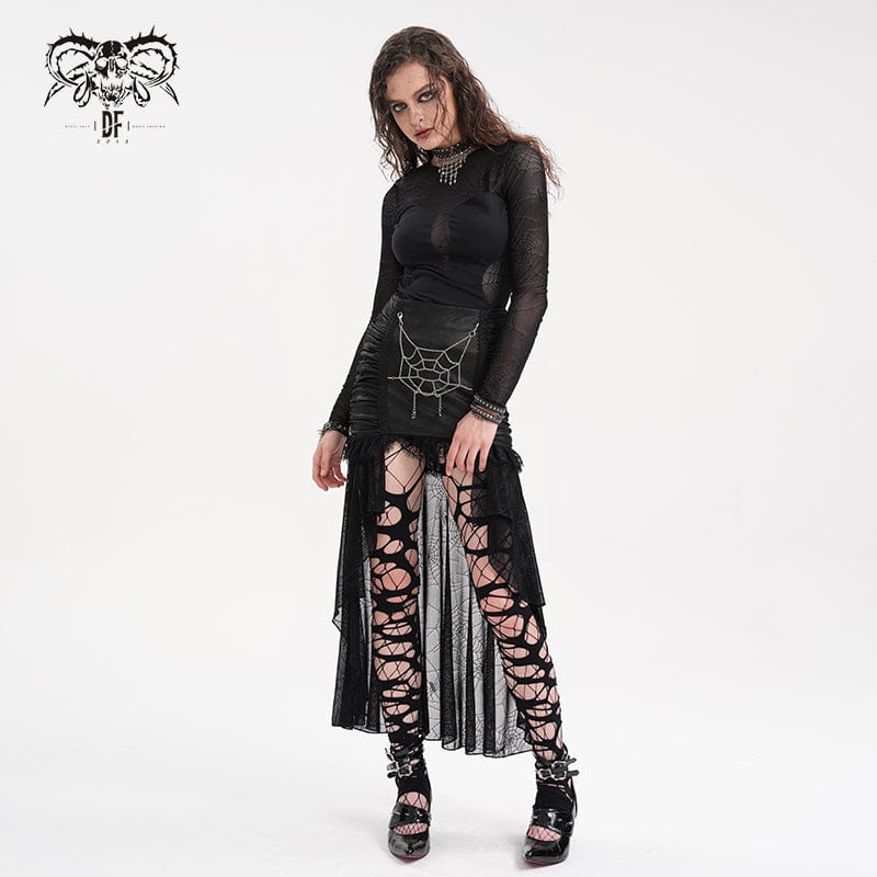 DEVIL FASHION Women's Gothic Chain Mesh Lace Irregular Hem Skirt