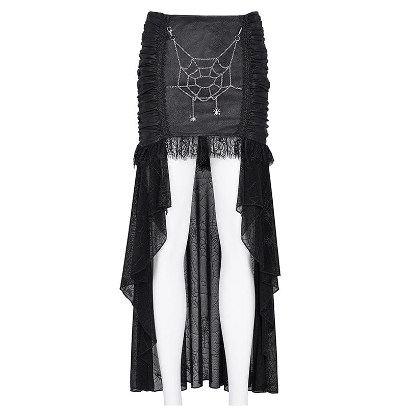 DEVIL FASHION Women's Gothic Chain Mesh Lace Irregular Hem Skirt