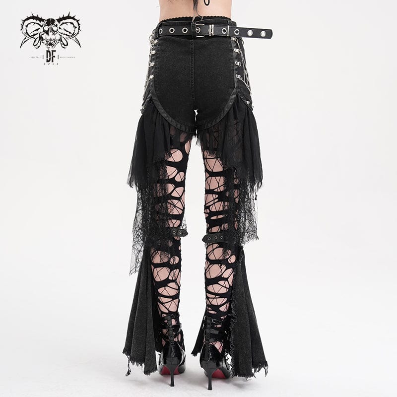 DEVIL FASHION Women's Gothic Chain Mesh Ripped Irregular Hem Shorts