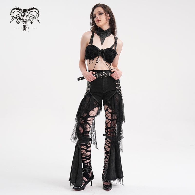 DEVIL FASHION Women's Gothic Chain Mesh Ripped Irregular Hem Shorts