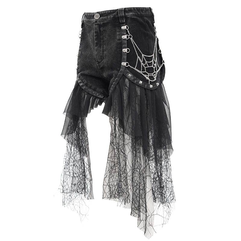 DEVIL FASHION Women's Gothic Chain Mesh Ripped Irregular Hem Shorts