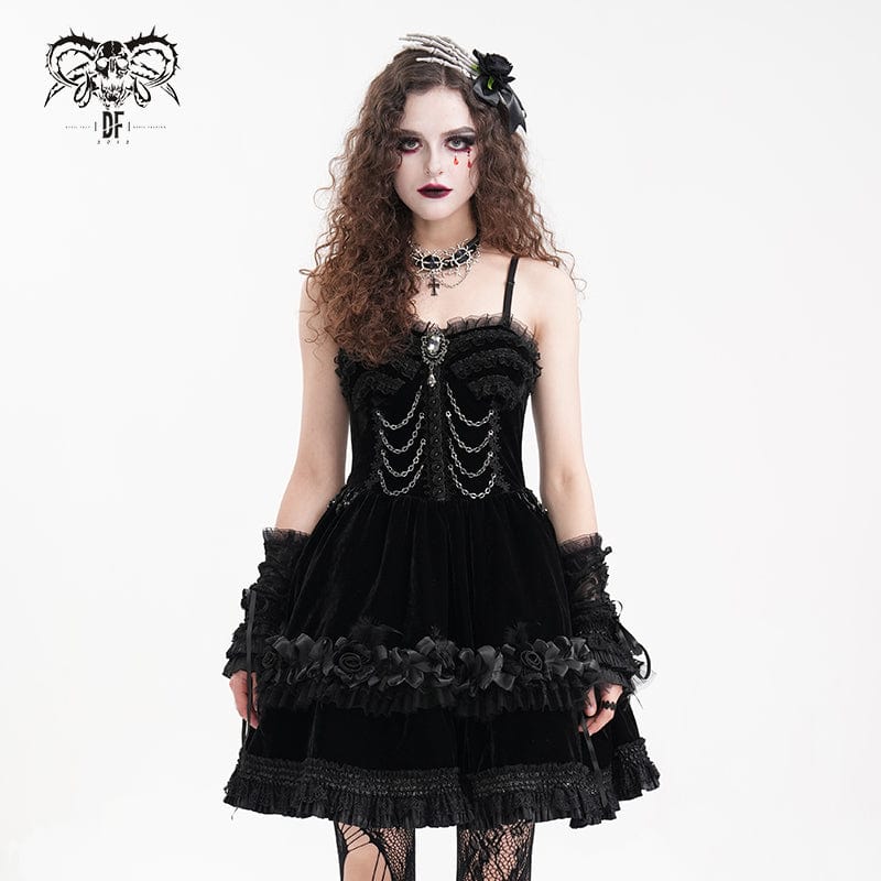 DEVIL FASHION Women's Gothic Chain Ruffled Lace Short Slip Dress