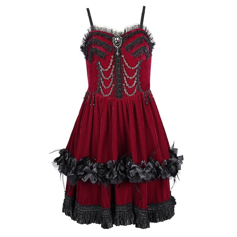 DEVIL FASHION Women's Gothic Chain Ruffled Lace Short Slip Dress Red