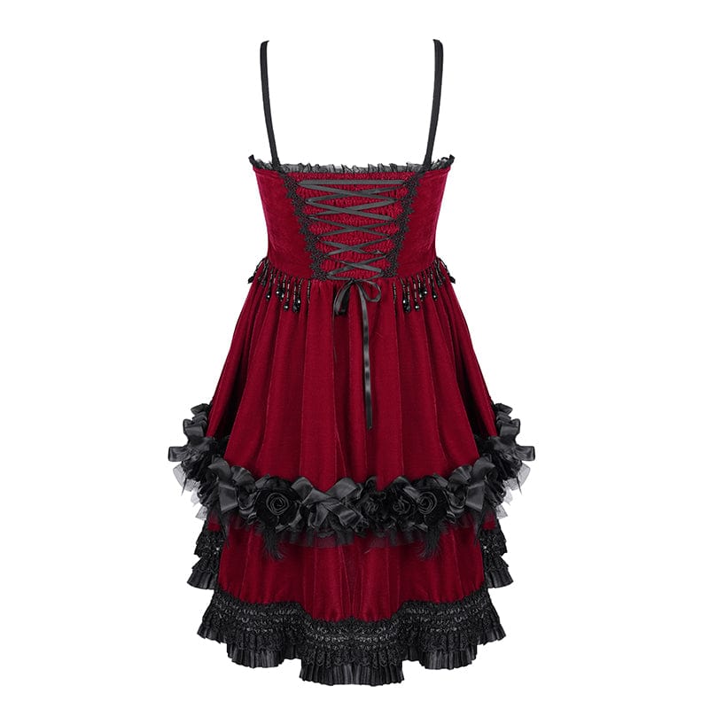 DEVIL FASHION Women's Gothic Chain Ruffled Lace Short Slip Dress Red