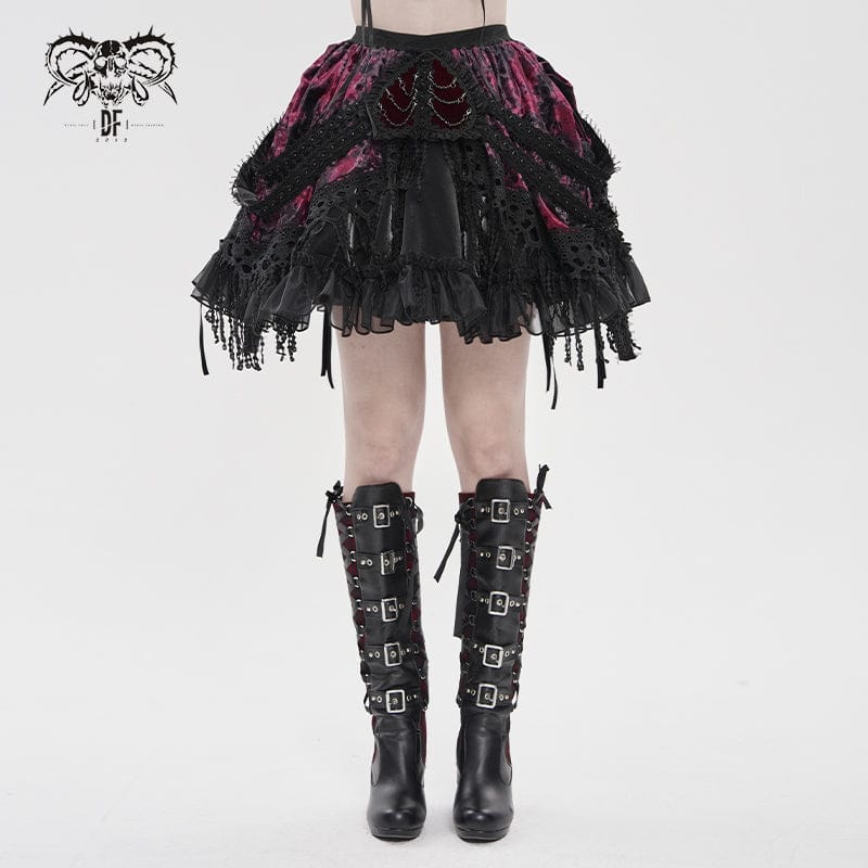 DEVIL FASHION Women's Gothic Chained Tassels Layered Short Skirt Black-Red