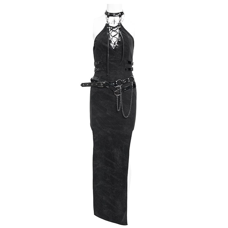 DEVIL FASHION Women's Gothic Chains Buckle-up Maxi Dress