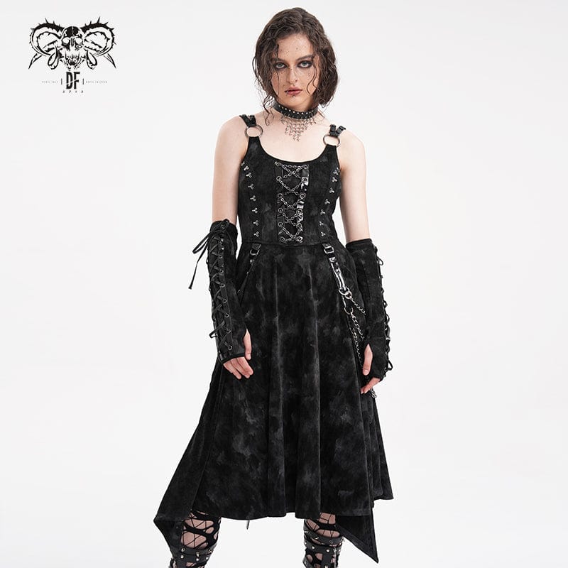 DEVIL FASHION Women's Gothic Chains Rings Slip Dress with Gloves