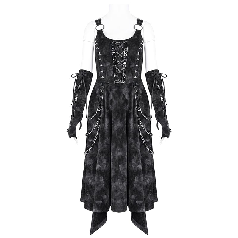 DEVIL FASHION Women's Gothic Chains Rings Slip Dress with Gloves