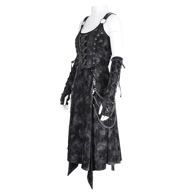 DEVIL FASHION Women's Gothic Chains Rings Slip Dress with Gloves