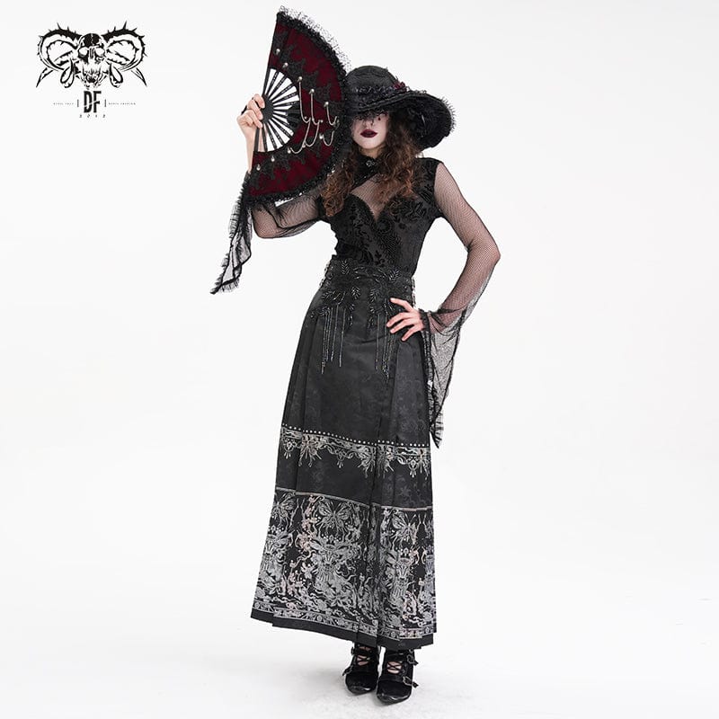 DEVIL FASHION Women's Gothic Crochet Tassels Bucket-up Long Skirt