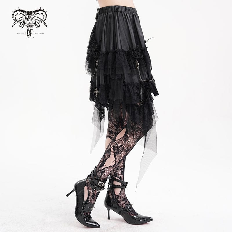 DEVIL FASHION Women's Gothic Cross Chain Lace Irregular Hem Skirt