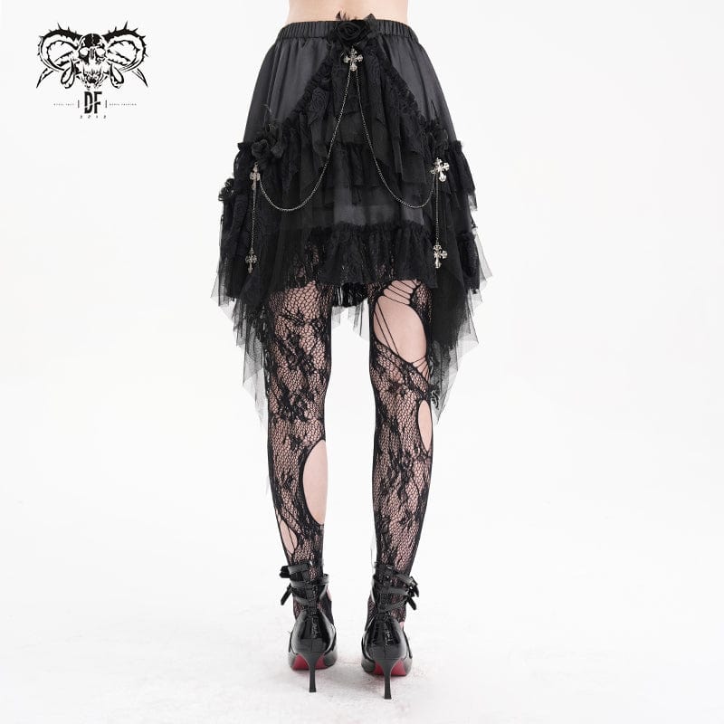 DEVIL FASHION Women's Gothic Cross Chain Lace Irregular Hem Skirt