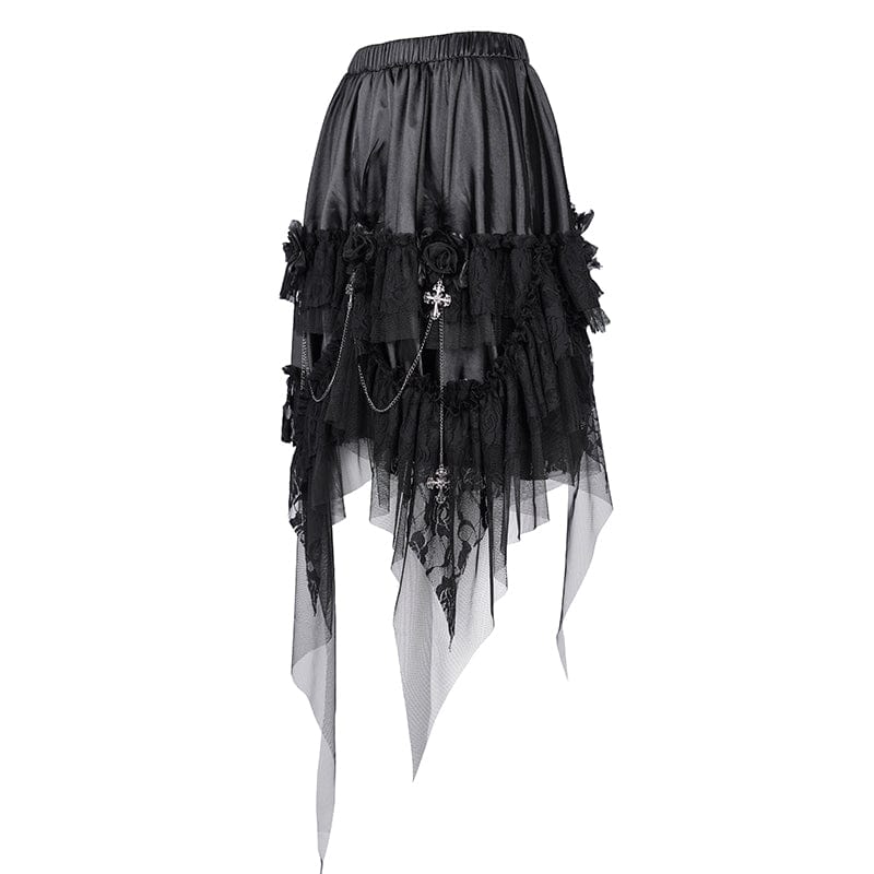 DEVIL FASHION Women's Gothic Cross Chain Lace Irregular Hem Skirt