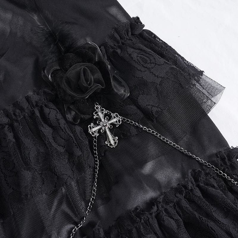 DEVIL FASHION Women's Gothic Cross Chain Lace Irregular Hem Skirt