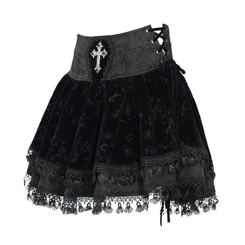 DEVIL FASHION Women's Gothic Cross Tassel Velvet Skirt Black