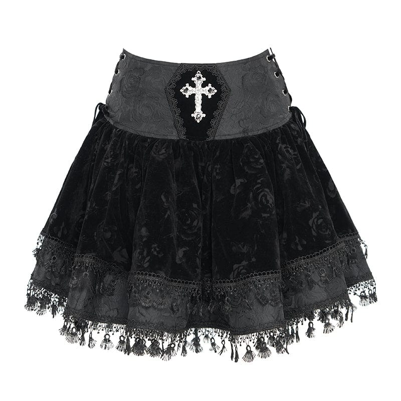 DEVIL FASHION Women's Gothic Cross Tassel Velvet Skirt Black