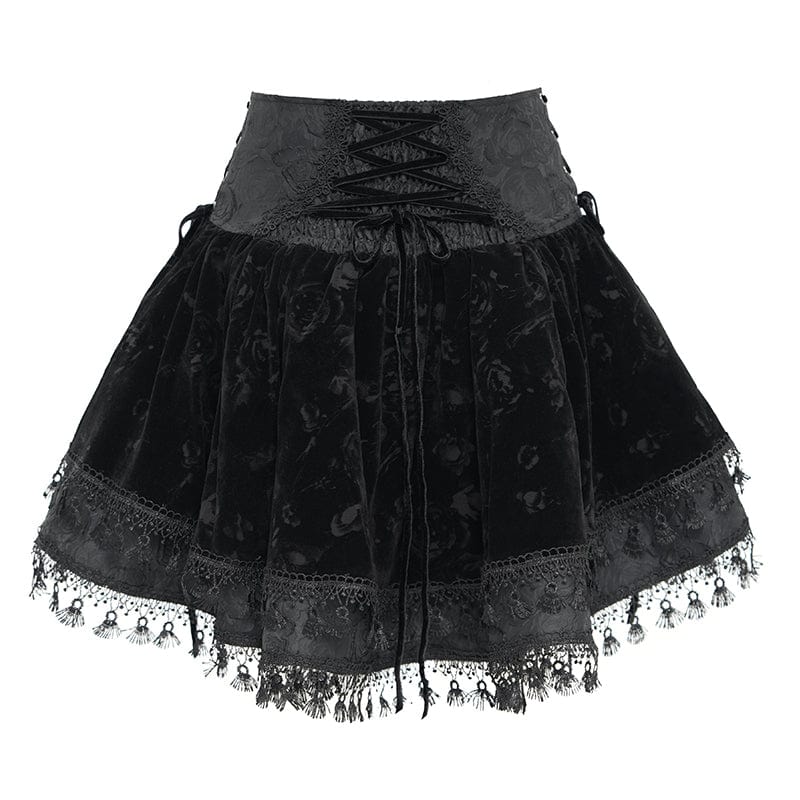 DEVIL FASHION Women's Gothic Cross Tassel Velvet Skirt Black