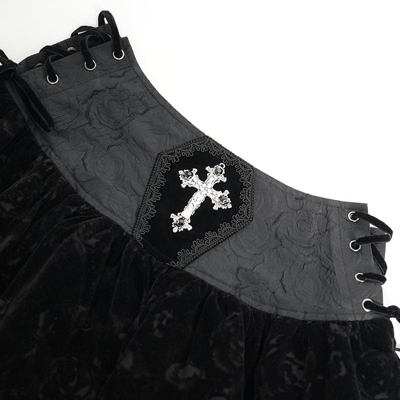 DEVIL FASHION Women's Gothic Cross Tassel Velvet Skirt Black