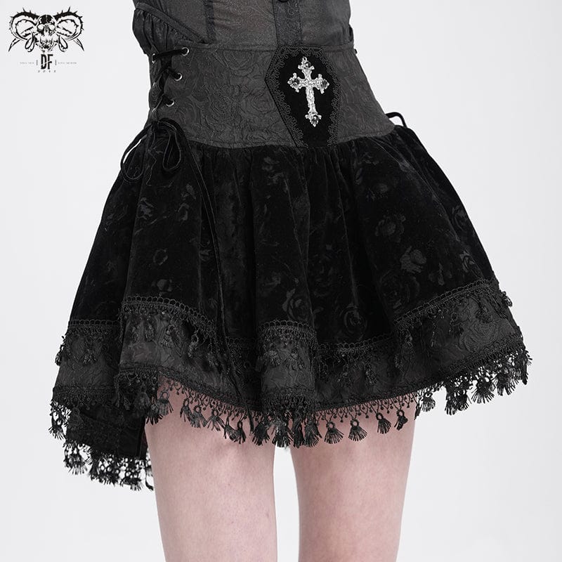 DEVIL FASHION Women's Gothic Cross Tassel Velvet Skirt Black