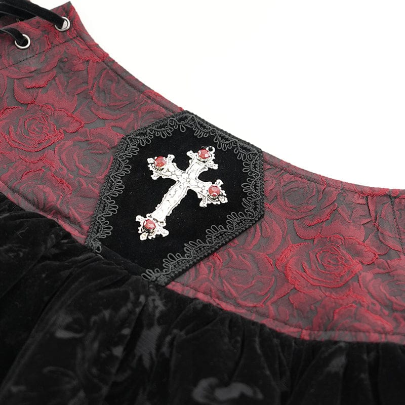 DEVIL FASHION Women's Gothic Cross Tassel Velvet Skirt Red