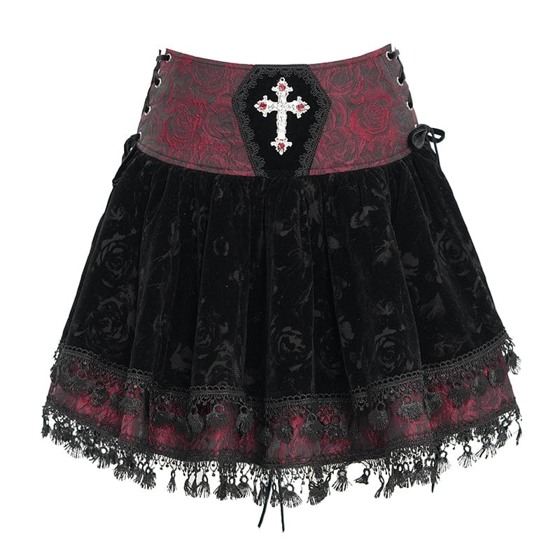 DEVIL FASHION Women's Gothic Cross Tassel Velvet Skirt Red