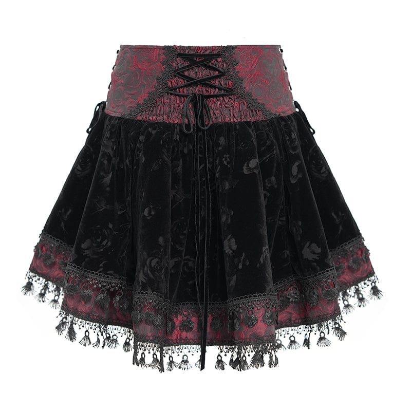 DEVIL FASHION Women's Gothic Cross Tassel Velvet Skirt Red