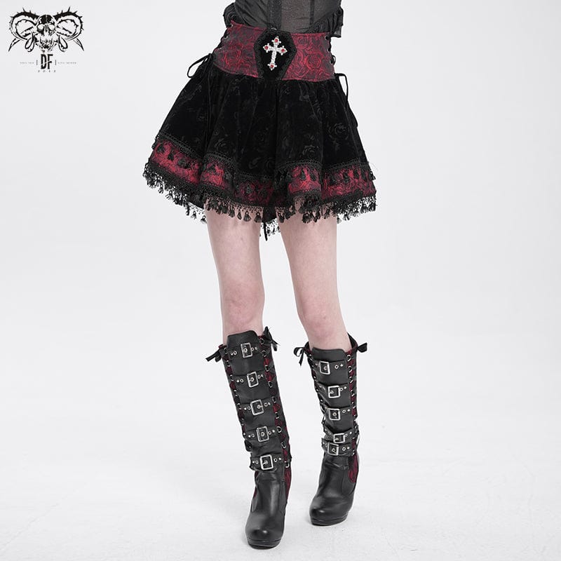 DEVIL FASHION Women's Gothic Cross Tassel Velvet Skirt Red