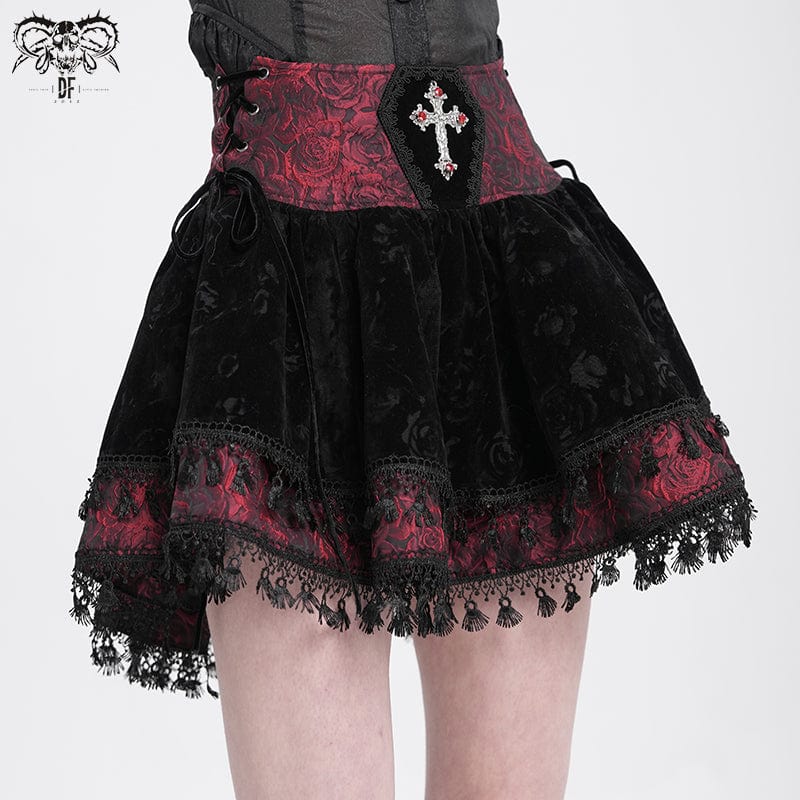 DEVIL FASHION Women's Gothic Cross Tassel Velvet Skirt Red