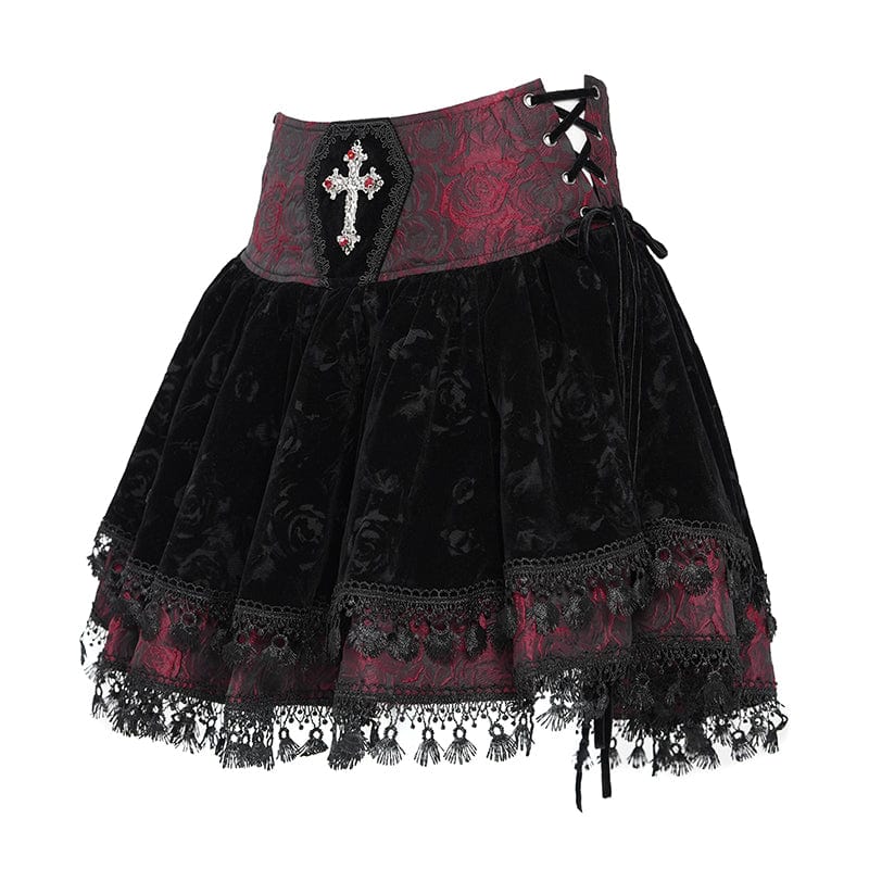 DEVIL FASHION Women's Gothic Cross Tassel Velvet Skirt Red