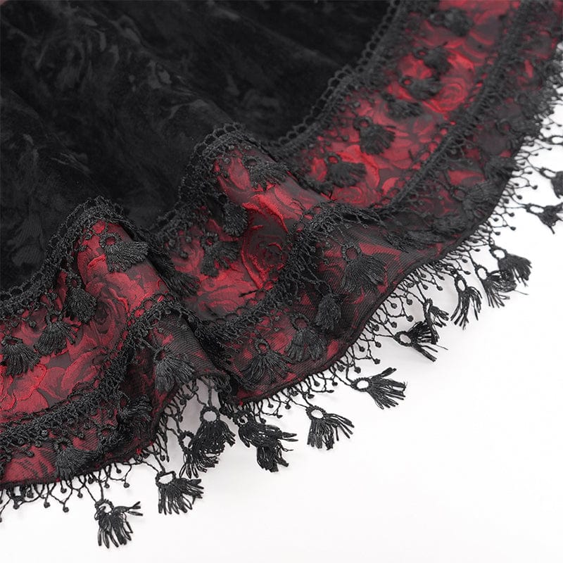 DEVIL FASHION Women's Gothic Cross Tassel Velvet Skirt Red