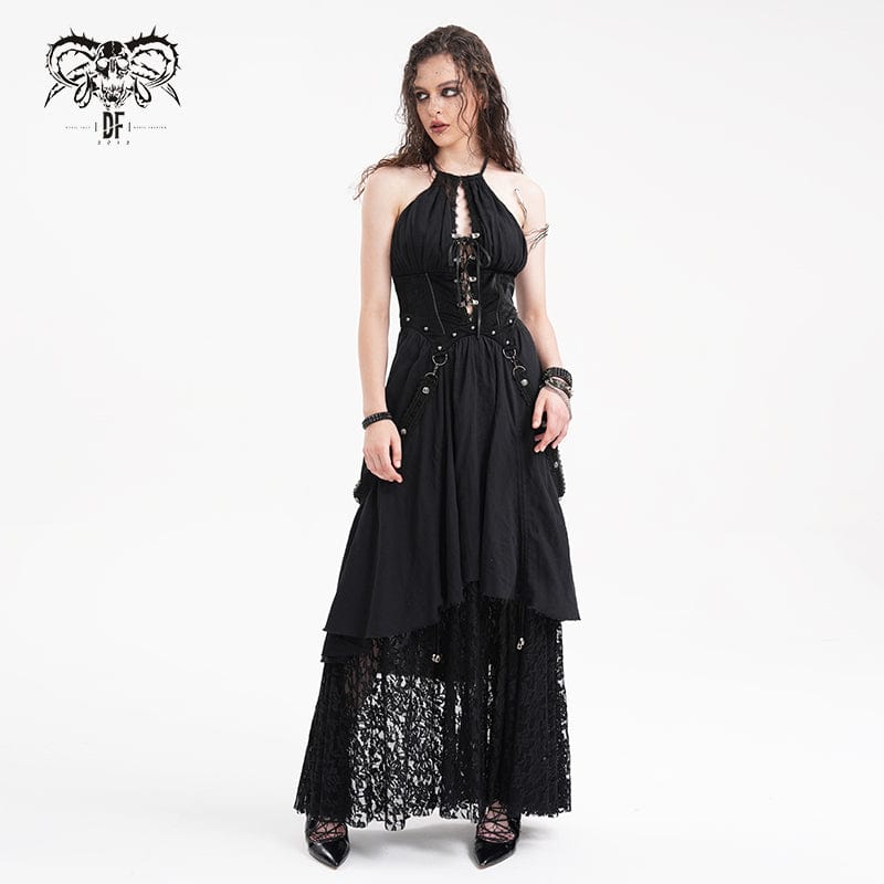 Women's Gothic Cut-out Lace Strap Maxi Dress  Punk Design