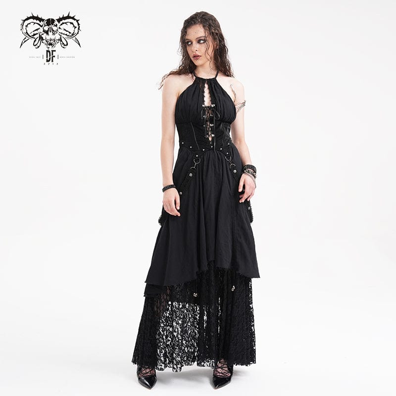 DEVIL FASHION Women's Gothic Cut-out Lace Strap Maxi Dress