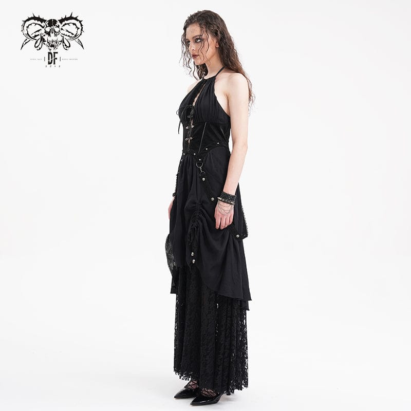 DEVIL FASHION Women's Gothic Cut-out Lace Strap Maxi Dress