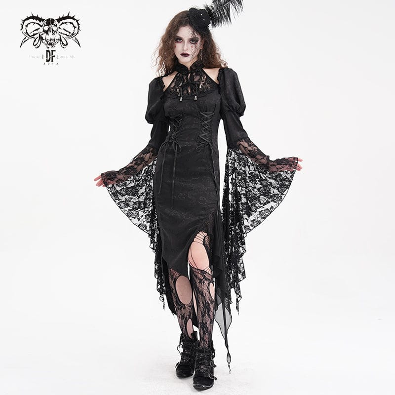 DEVIL FASHION Women's Gothic Cut-out Lace-up Lace Irregular Hem Dress