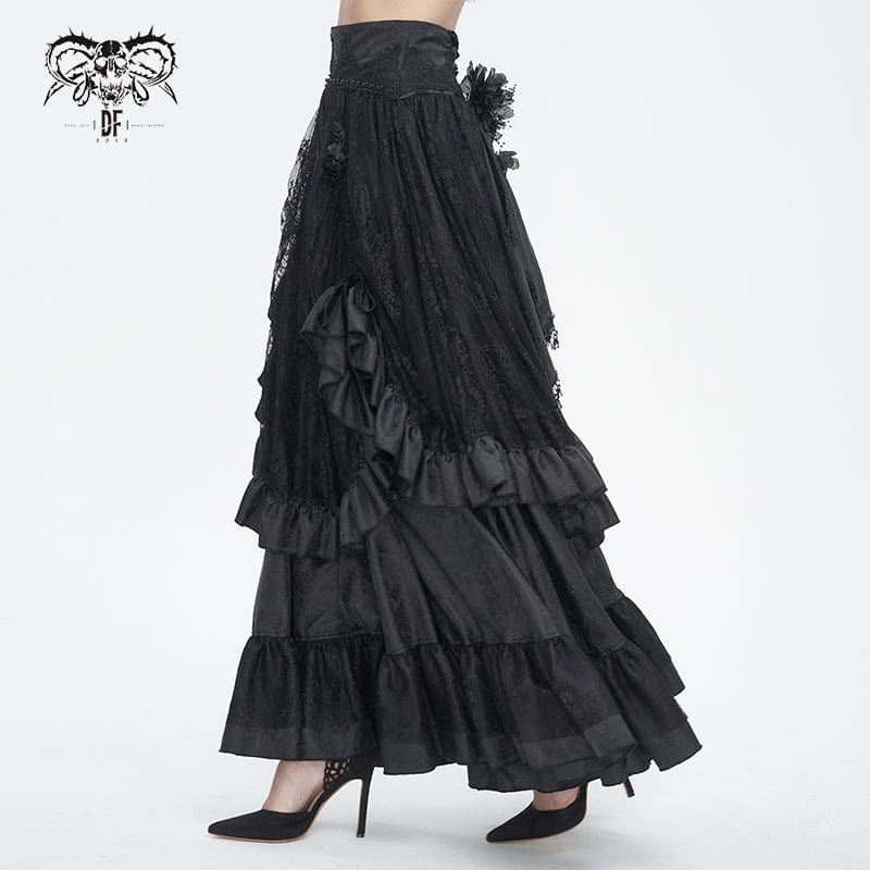 DEVIL FASHION Women's Gothic Drawstring Ruffled Lace Skirt