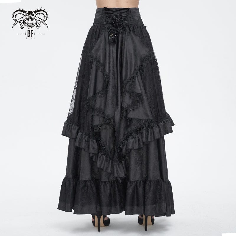 DEVIL FASHION Women's Gothic Drawstring Ruffled Lace Skirt